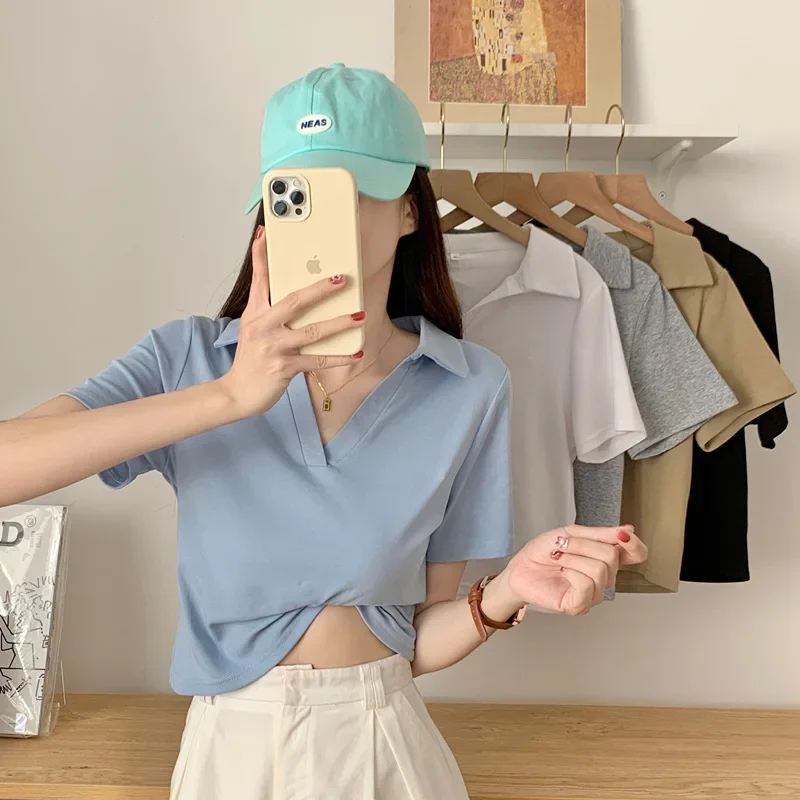 

Polo short-sleeved t-shirt slim V-neck solid color short women's upper clothes