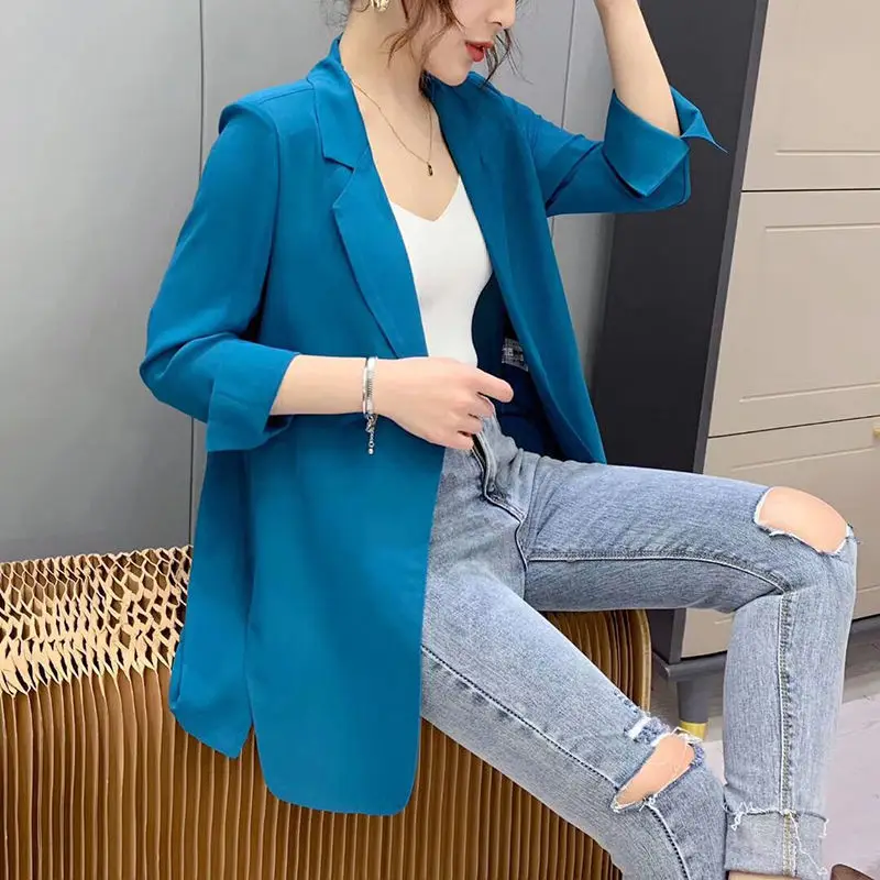 Solid Color Notched Korean Formal Office Lady Fashion Casual Blazers Spring Summer Thin Women\'s Clothing 2023 Tops Dignified