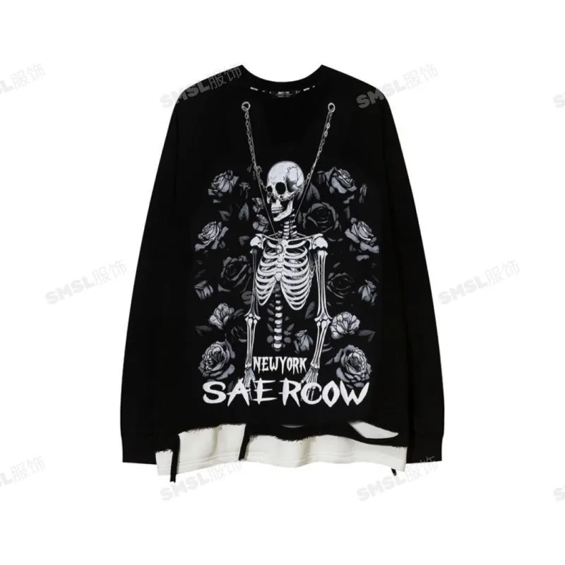 

Autumn and Winter Dark Skull Print Loose Round Neck Fake Two-piece Long-sleeved Ripped Necklace T-shirt Sweatshirt Trend