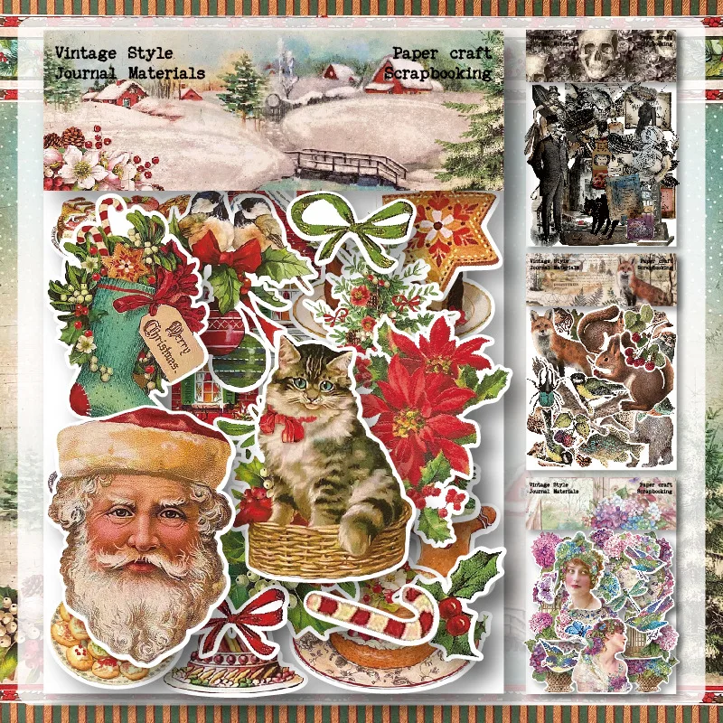 YBYAO 40pcs Vintage Christmas Stickers Die Cuts Sticker Planner Card Making Junk Journal Ephemera Animal Stickers Scrapbooking