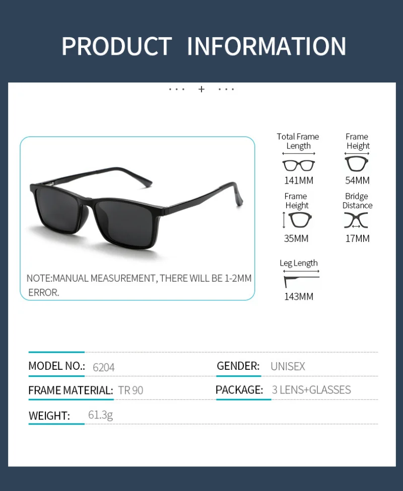 BEMORE Square Polarized UV Magnetic Clip On Prescription Glasses Customised Men Women Acetate Anti Blue Light Optical Eyeglasses