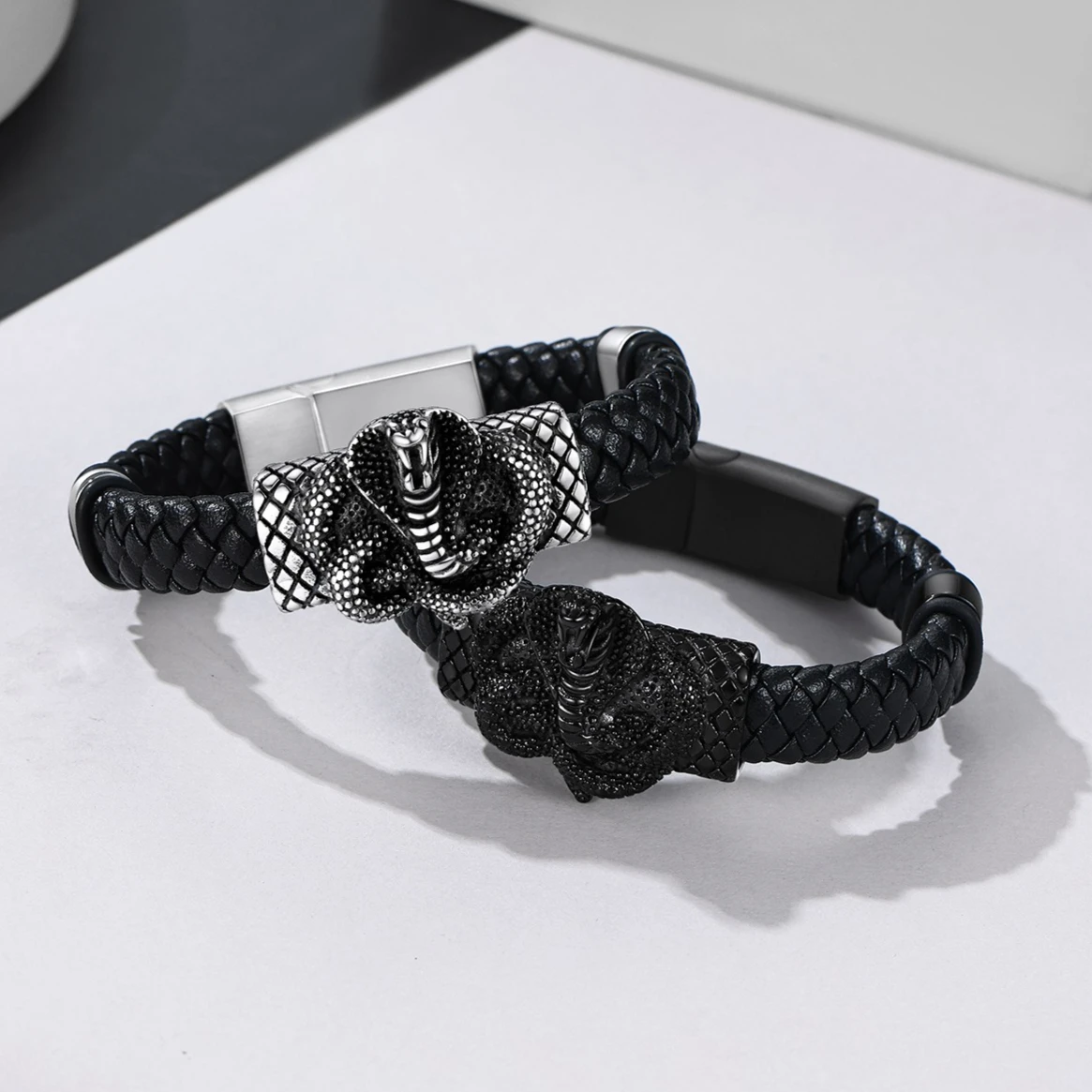 U7 Stainless Steel 13mm Wide Leather Bangle Bracelet for Man Cobra Snake Charm 19/21/23cm Bracelet Magnetic Clasp Gothic Jewelry view 3