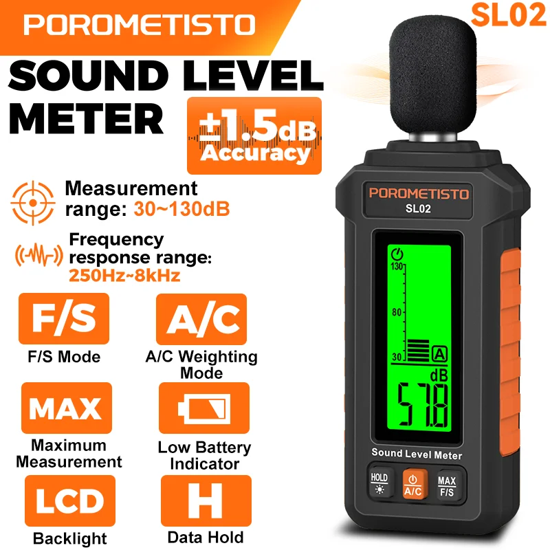 SL02 30-130dB Digital Sound Level Meter A/C Weighting Windproof Audio Level Meter Portable Noise Decibel Meter LCD Backlight
