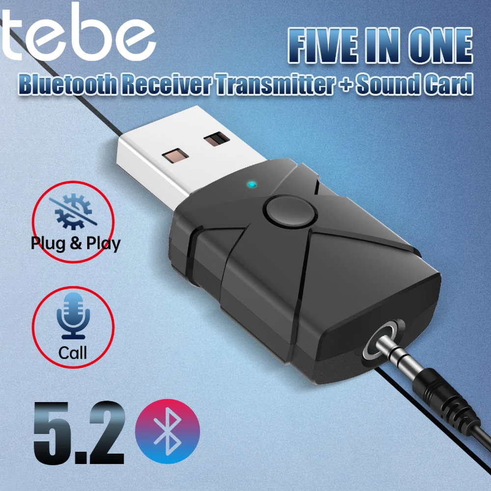 Tebe USB Bluetooth 5.2 Audio Adapter  Wireless Receiver Transmitter Sound Card 3.5mm Aux Music Dongle for TV Car Speaker PC