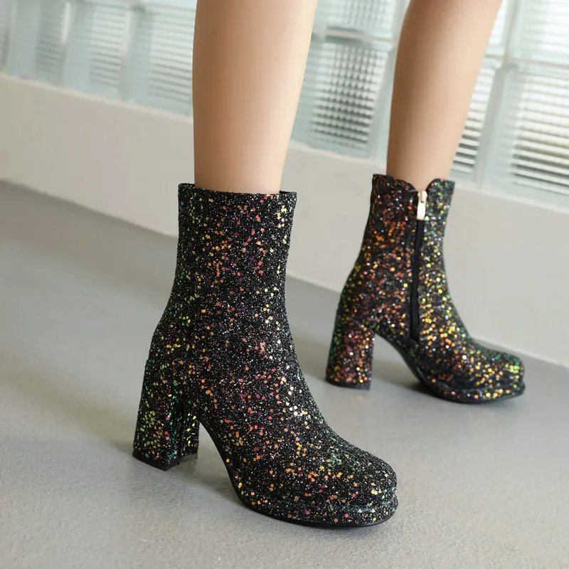 

Ankle Boots Women Platform Short Shoes Fashion Sequin High Heels Side Zipper Autumn Winter Women's Ankle Boots Large Size 34-46