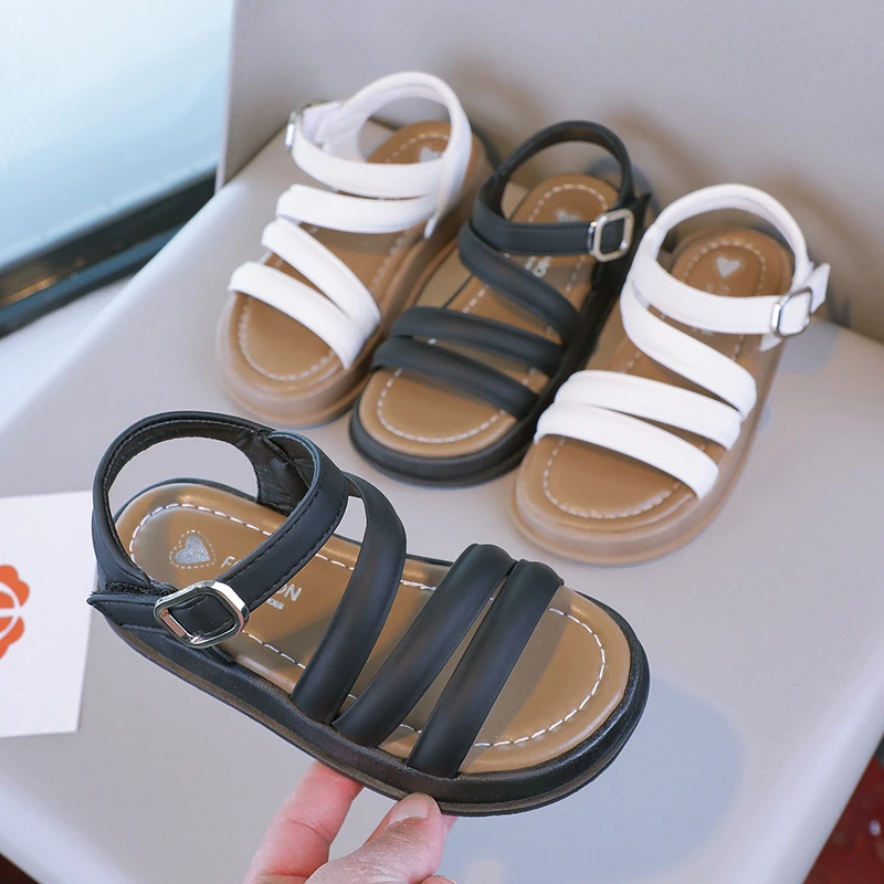 2024 New Simple Girls Sandals Children Fashion Non-slip Hook & Loop Kids Shoes Breatheable Open-toe Solid Color Cool Versatile