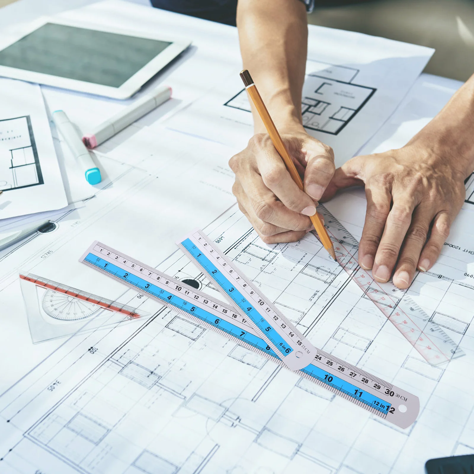 2Pcs Aluminum Alloy Ruler Set Metric Measuring Tools Metal Precision for Architects Engineers Drawing Office Measuring