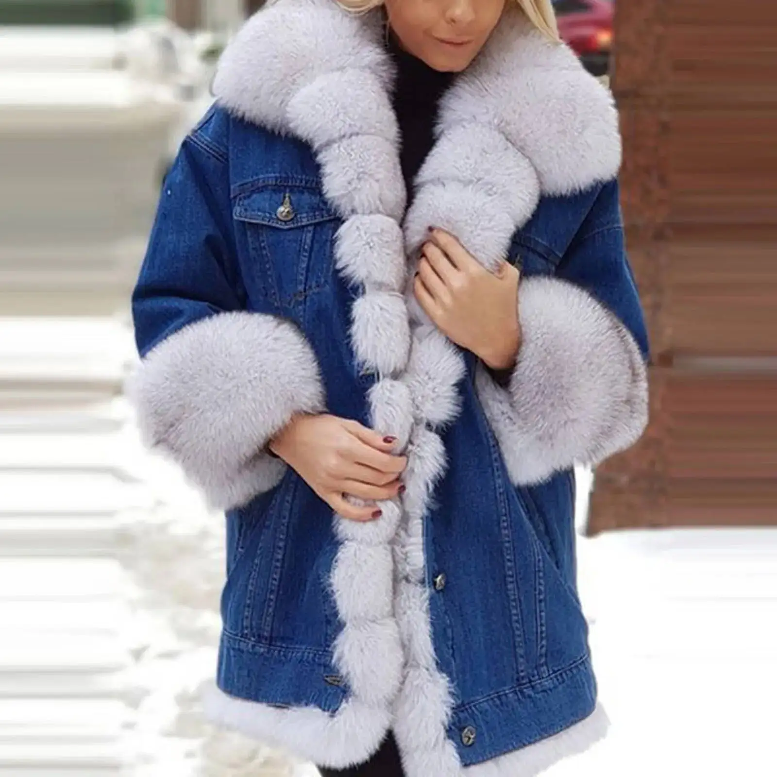 

Fashion Faux Autumn And Winter Women's Long-Sleeved Leather Fur Denim Medium Coat Splicing Fleece Jackets Warm Overcoat