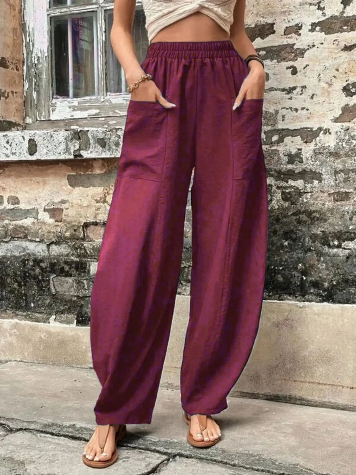 2024wish independent station Amazon pantaloni da donna transfrontalieri pantaloni casual da donna con tasca in tinta unita pantaloni elastici tro