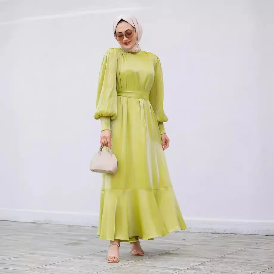 Muslim Fashion Clothes Women Abaya Dubai Arab Puff Sleeves Lace-up Dress Solid with Ruffles Robe Turkey Caftan Marocain Abayas