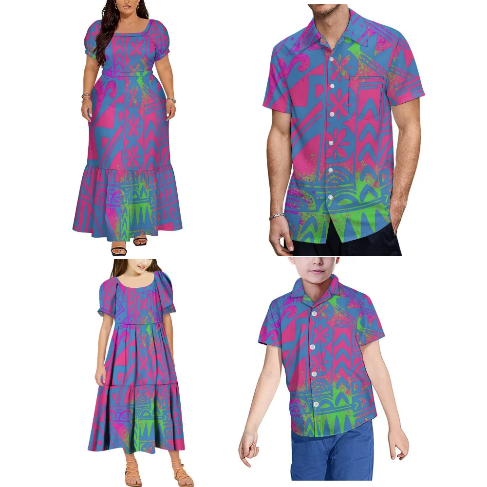 Conjunto Familiar Polinésio de Verão: Vestido Feminino de Cintura Alta e Camisa Masculina Samoana Tamanho Grande para Férias e Noites Especiais