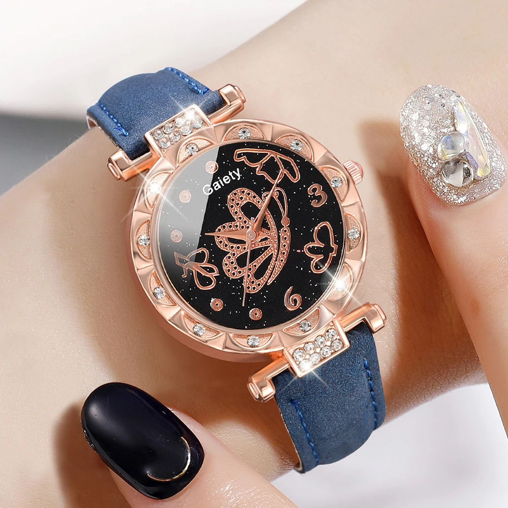 5PCS Blue Women Watch Fashion Light Luxury Butterfly Element Dial Quartz Wristwatch Leather Strap Watch Jewelry Set Gift For Her