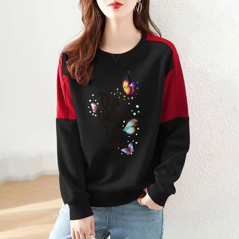 Women\'s Contrasting Colors Printing Letter Sweatshirts Classic Long Sleeve Loose O-Collar Casual All-Match Bottoming Shirt