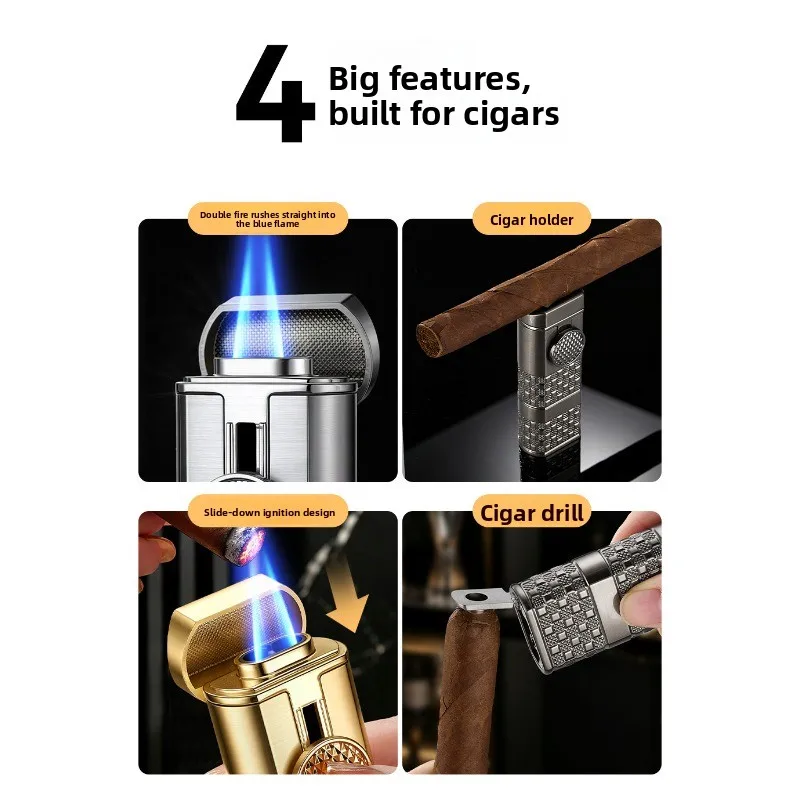 New Double Fire Pull Down Direct Charge Windproof Cigar Lighter Metal Inflatable Adjustable Lighter High End Men's Gift