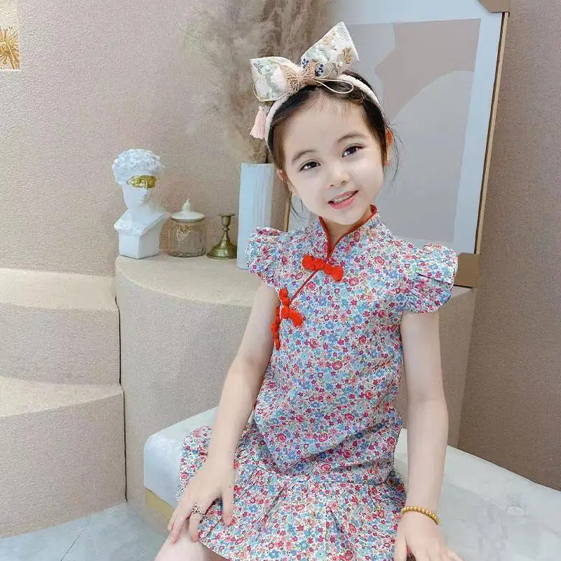 Summer Baby Girl Choengsam Dress Chinese Style Hanfu Retro Print Princess Dress Ruffle Sleeve Flower Print Kid Dress Qipao A1240