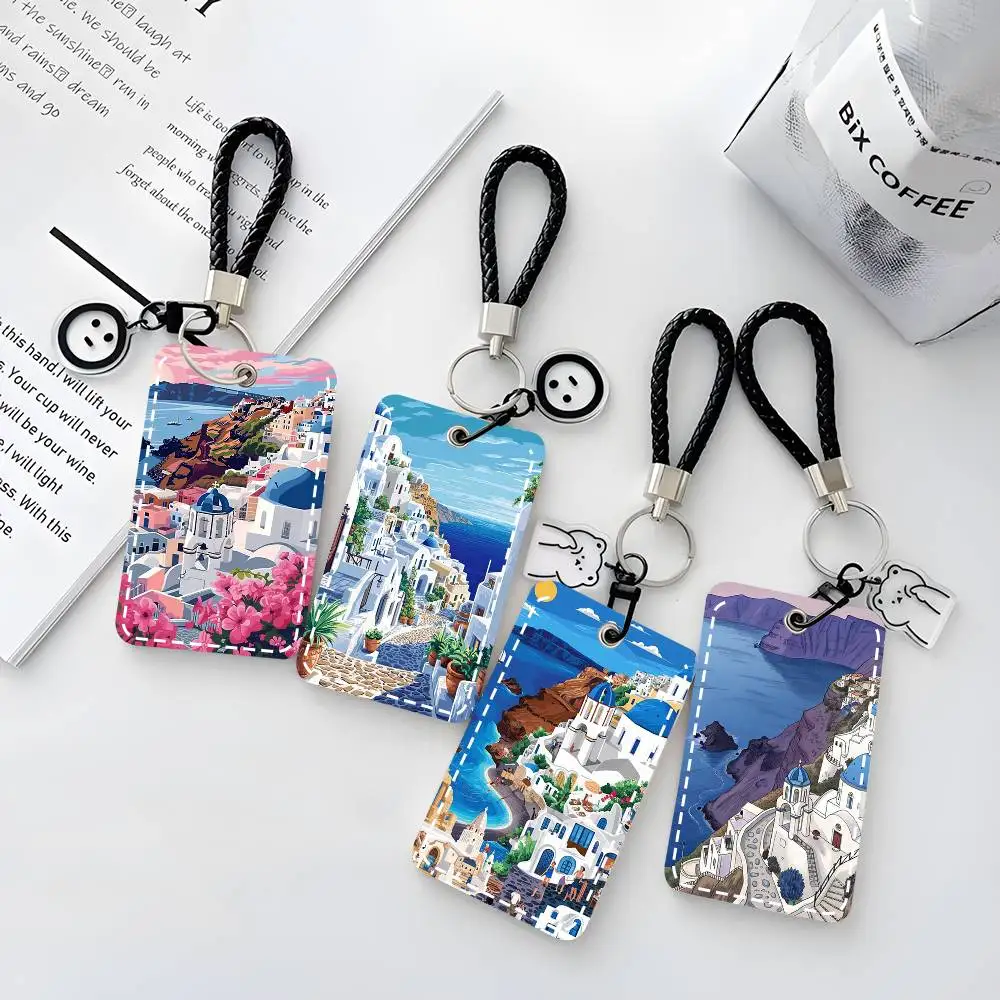 

1PC Summer Santorini Greece Travel Card Case Keychain Access Card Bag Key Tag Ring Leather Card Holder Key Ring Access