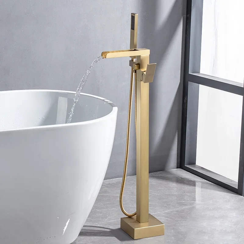 Brushed Gold Brass Waterfall Spout Bathroom Floor Mounted Bathtub Faucet With Handheld Shower Head