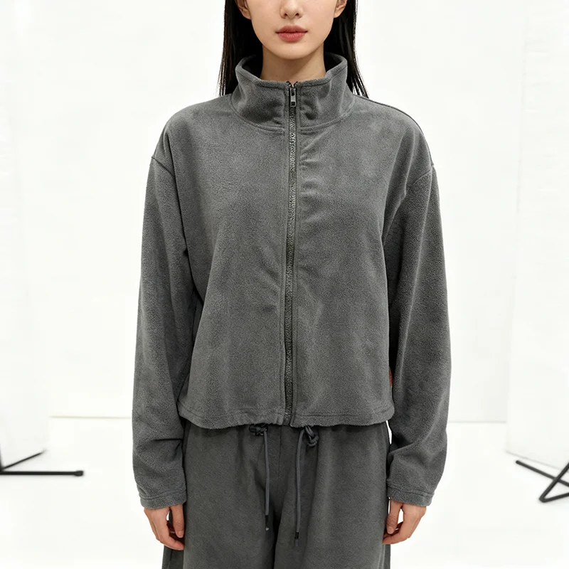 

Women's Autumn Winter Standing Collar Zipper Cardigan Loose Warm Drawstring Hood Outdoor Fitness Jacket