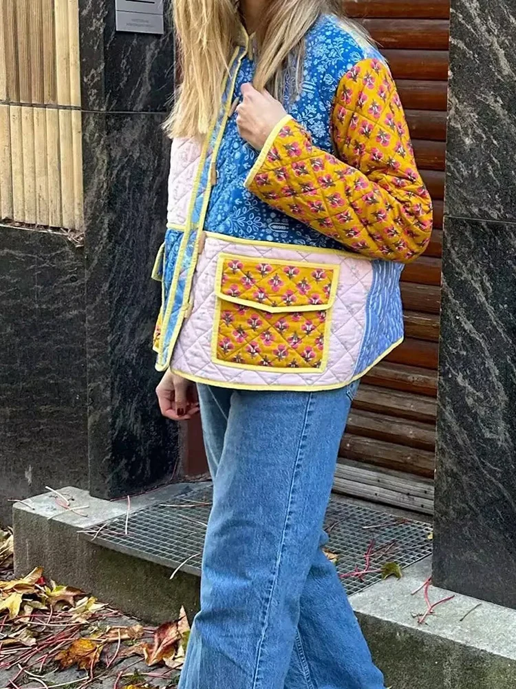 

Women's new European and American style temperament versatile loose casual color matching printed horn button jacket