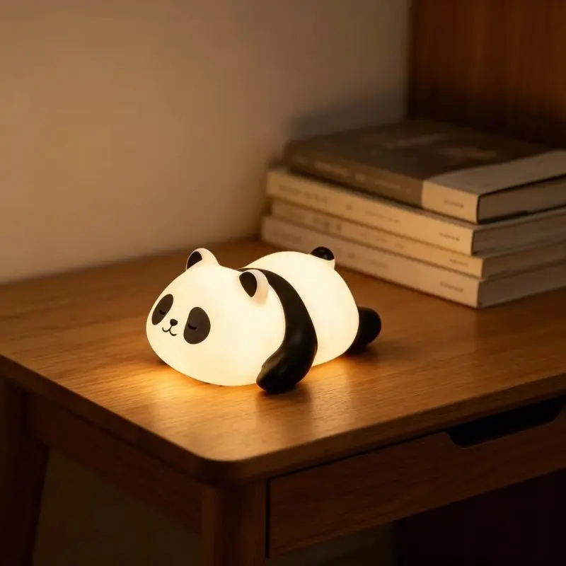 Luminária Noturna Panda Tap: Abajur Suave para Quarto, Ornamento Kawaii para Sentar ou Deitar, Decoração Amigável aos Olhos para o Sono, Presente de Feriado