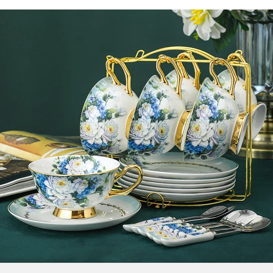 European Retro Gilded Bone china Coffee Cup and Saucer Violet Print Household Afternoon Tea Set for Wedding Birthday Gift