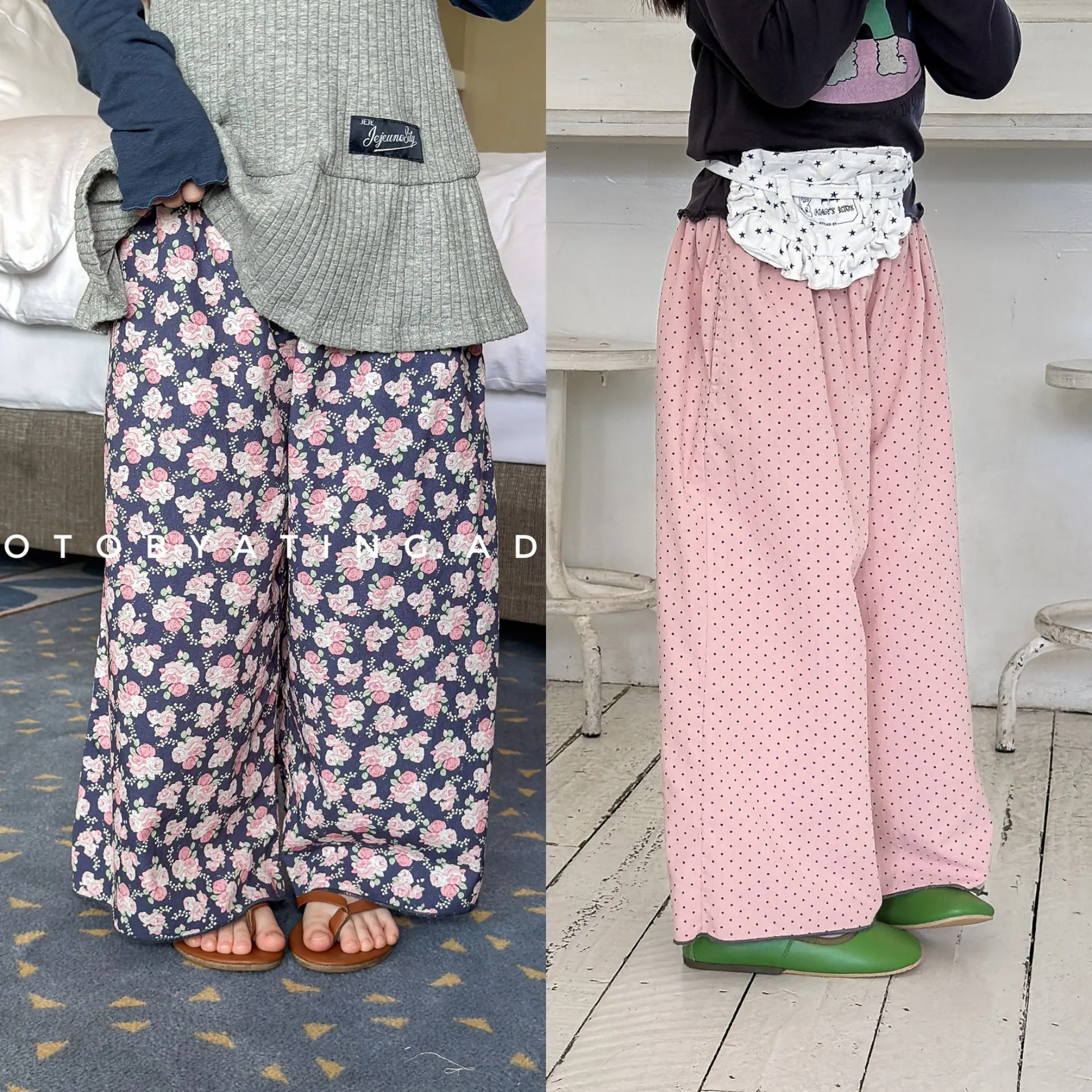 LILIGIRL 2026 Girls Spring Wide-leg Pants  Thin Flower Kids Loose Trousers Dots Full Floral Print Children Casual Pants 1-6T