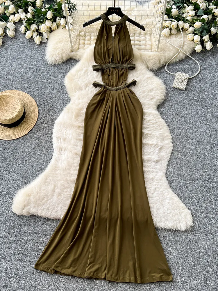 

Light Luxury Halter Sleeveless Sexy Backless Elegant Dress Women Summer Hot Girl Waist Vacation Party Banquet Evening Gown Dress