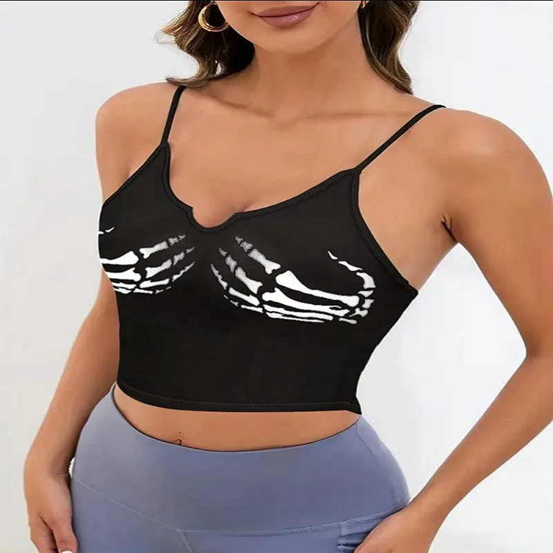 

Halloween Skull Hand Claw Print Halter Top Women's Sexy Inner Lining Little Vest V-Neck Sleeveless Fitted Top Female Clothing