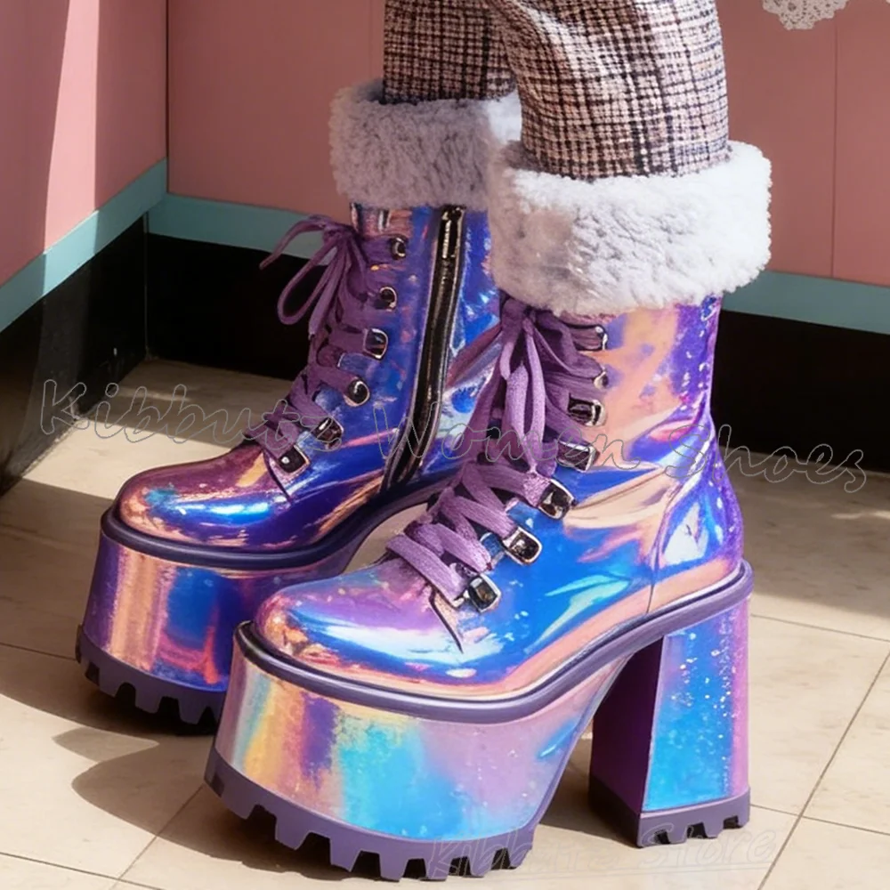 Furry Ankle Modern Boots Platform Leather Mixed Color Punk Rock Novelty Fashion Elegant Sweet Spicy Girls Shoes Round Toe Heels