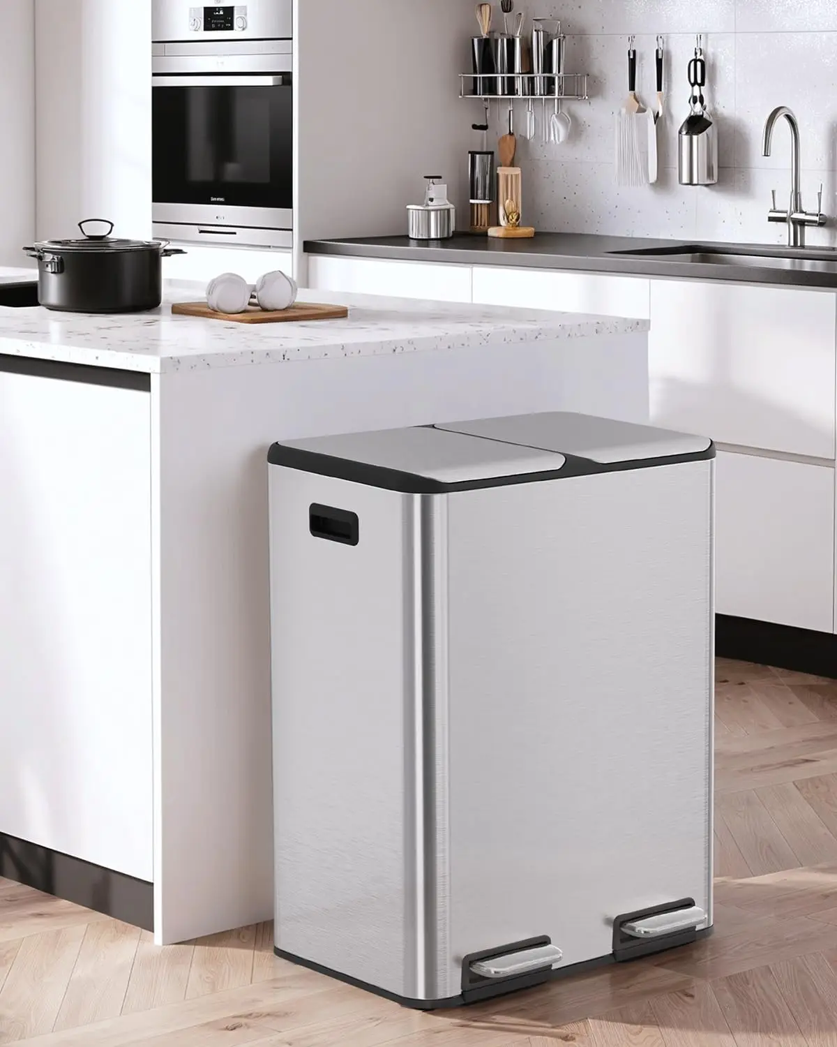 

Корзина для мусора, педальный бак 2x30 л с фильтром запаха, мусорный бак, мусорный бак, система разделения отходов, металлический двойной мусорный бак, серебристый