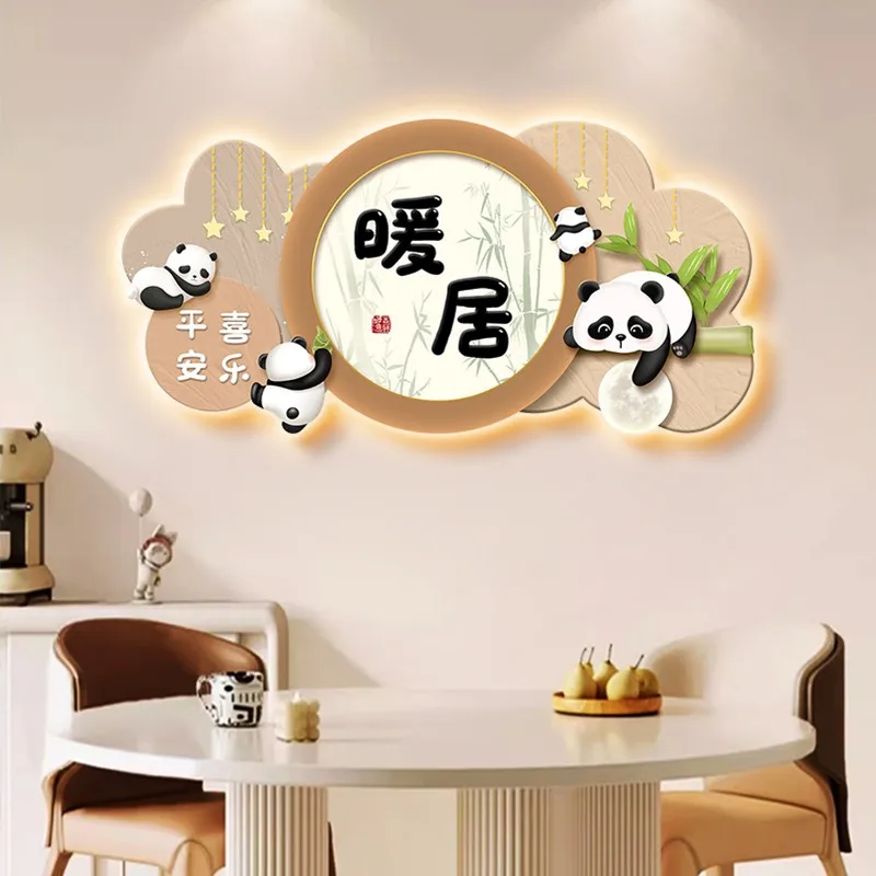 

Warm Home dining room decorative paintings, panda luminous lamp paintings, cream-style dining room table background wall paintin
