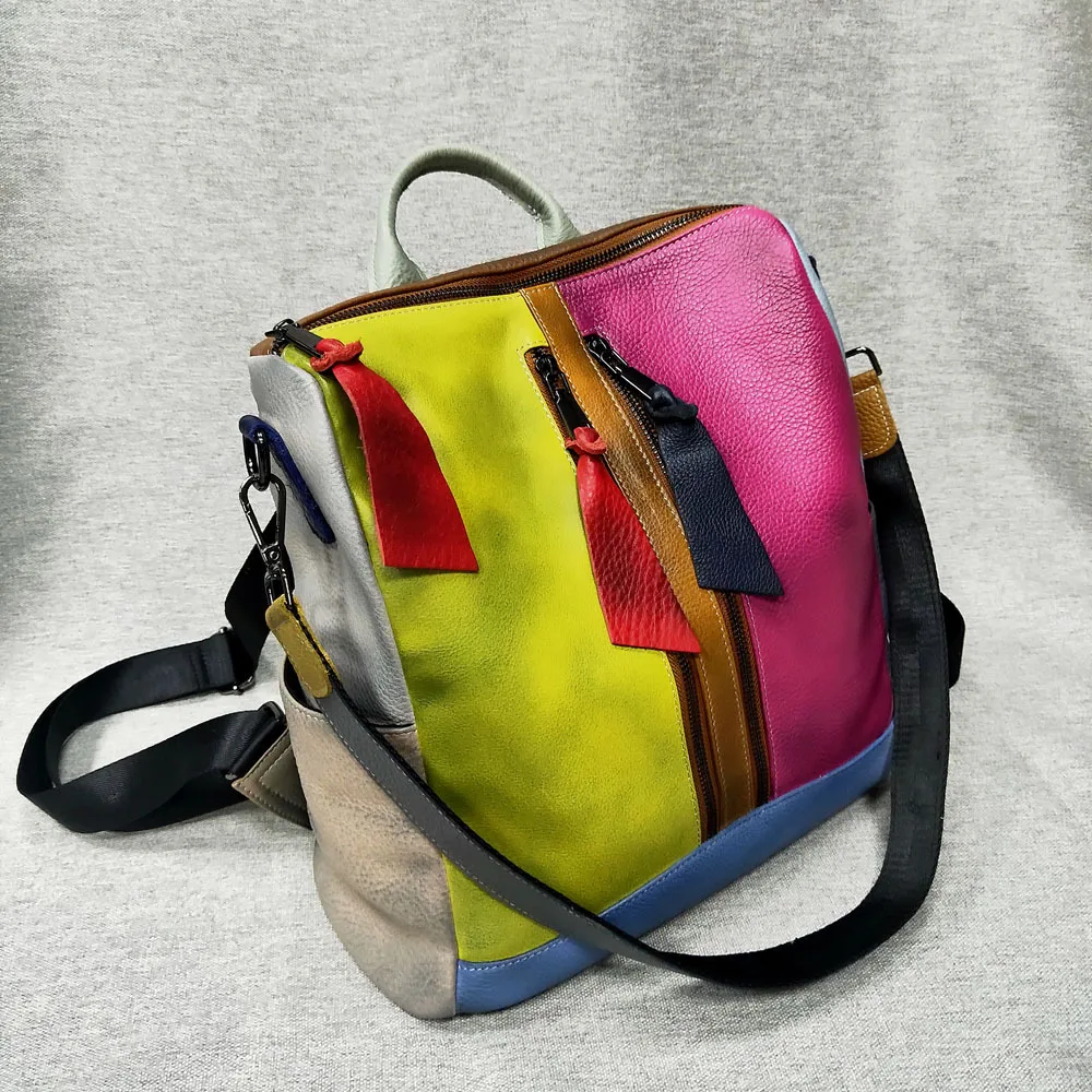 Zaino da donna in vera pelle di mucca Patchwork borsa a tracolla da viaggio antifurto da donna borsa Vintage in vera pelle