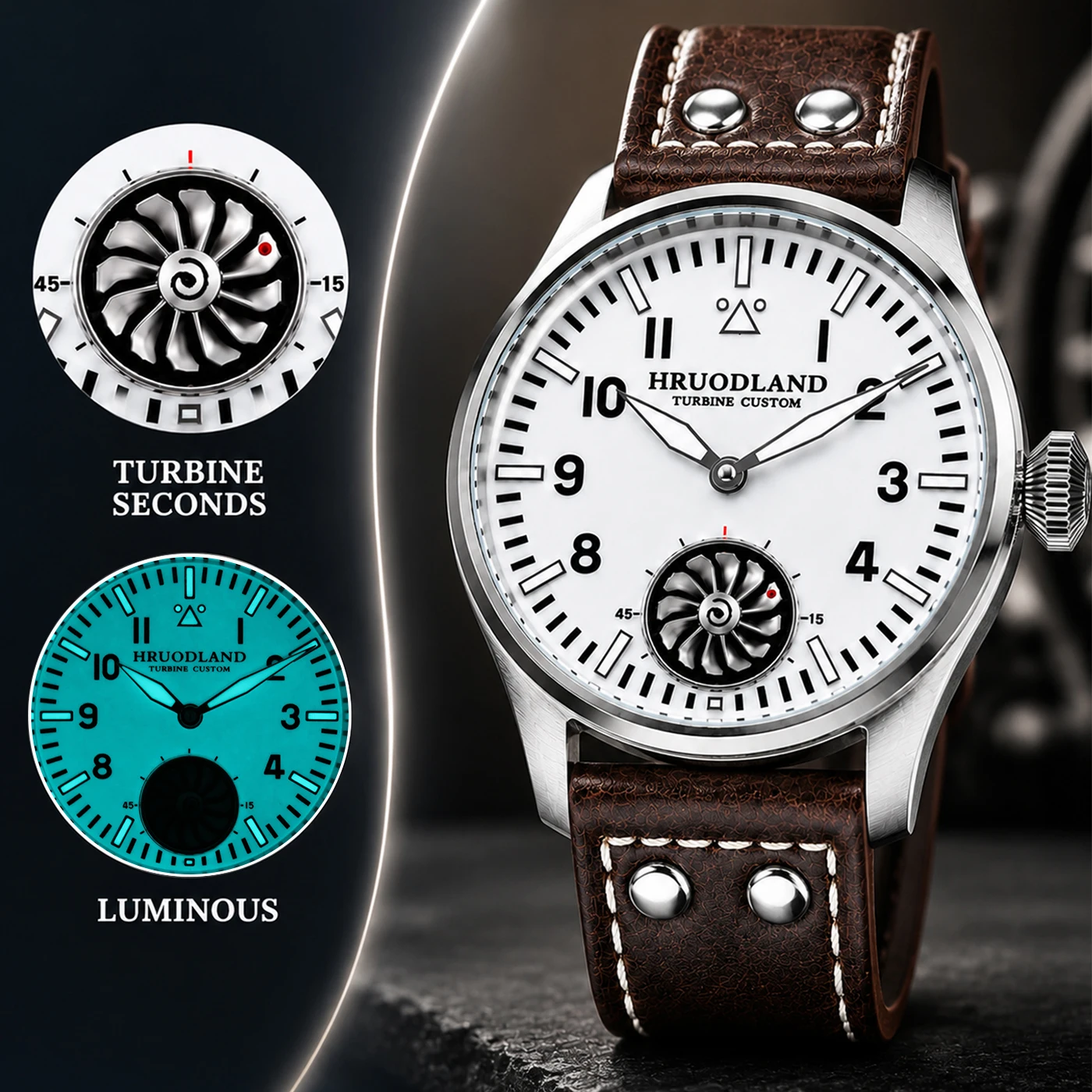 HRUODLAND Pilot Watches Men Turbine Seconds Dial Sapphire Crystal BGW9 Lume Seagull ST3620 Retro Aviator Manual Mechanical Watch