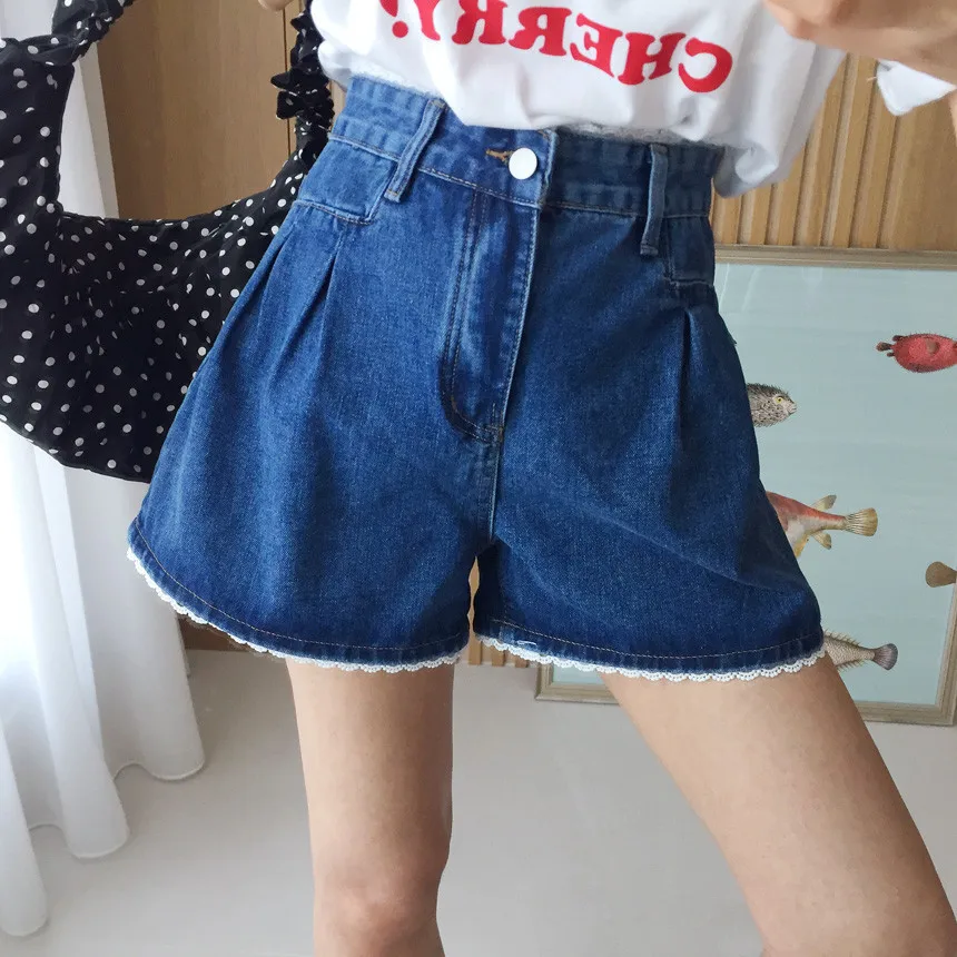

Retro Lace Trim Splicing Jeans Women High Waist Wide Leg Short Pants Slimming Ageless Versatile Denim Skinnies Summer Hot Pants