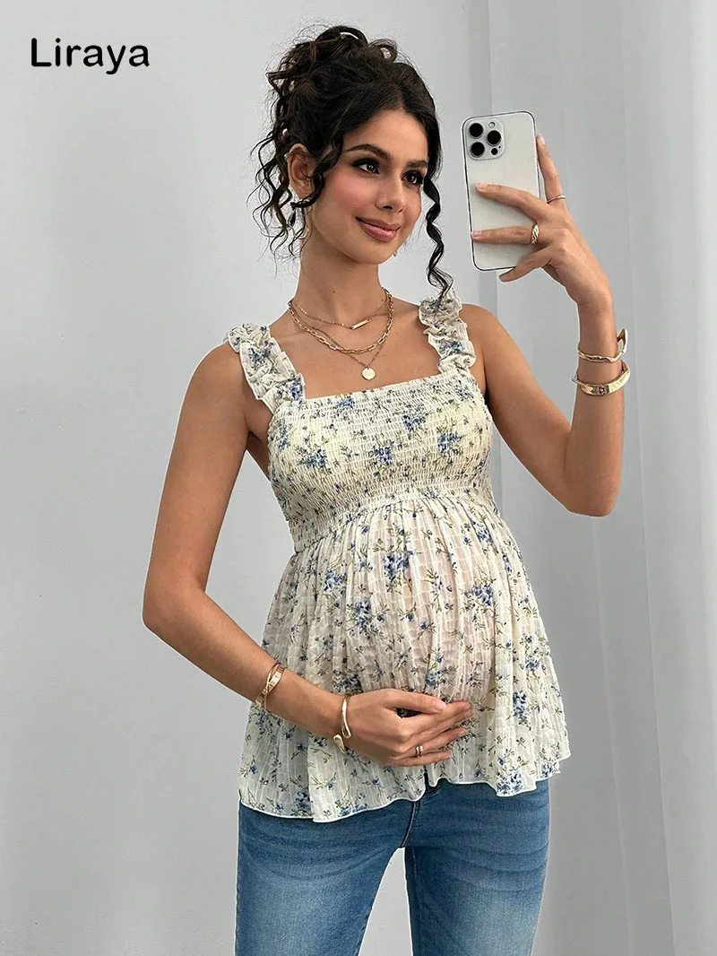 Maternity Clothing Spring and Summer New Printed Suspenders Maternity Top Square Collar A Word Maternity Vest Pregnancy Shirt