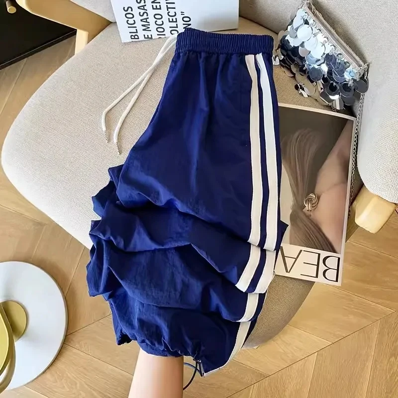 Bomon American cargo Quick-drying Sports wide-leg pants Women's summer striped casual drawstring simple high-waisted ankle pants