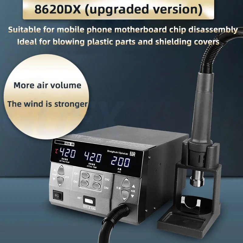 8620DX-pro/8630pro 1300W Hot Air Gun Digital Display BGA Rework Station Curved Nozzle Welding Repair Desoldering Station 110/220