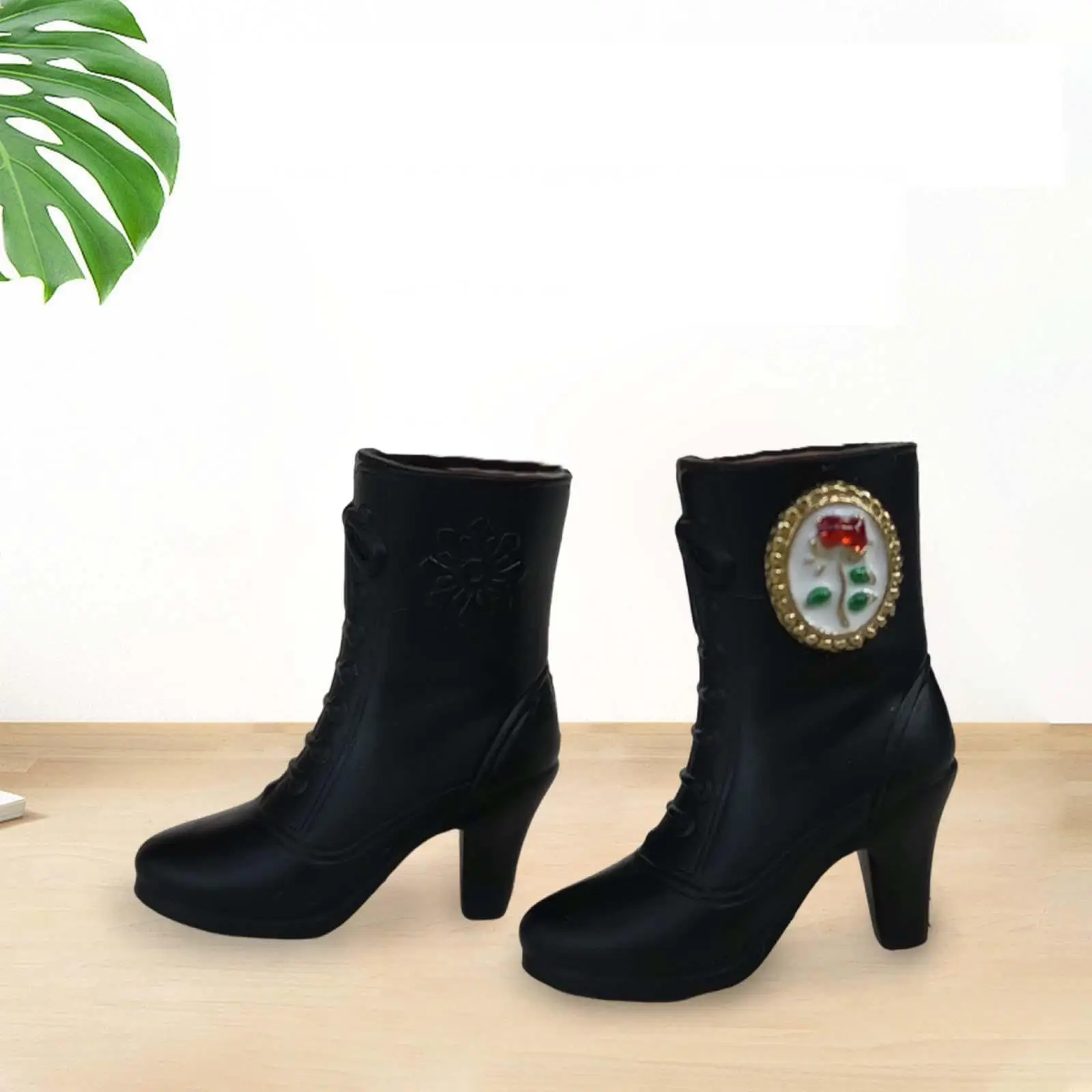 Miniature Shoes for Dolls Black Short High Heel Boots ABS Action Figure Accessory for 1 6 Scale BJD