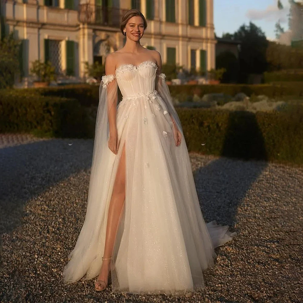 

Sweetheart Collar Tulle Shiny A-line Long Boho Wedding Gown 3D Flowers Backless Side Slit Bridal Dress with Train Custom Made