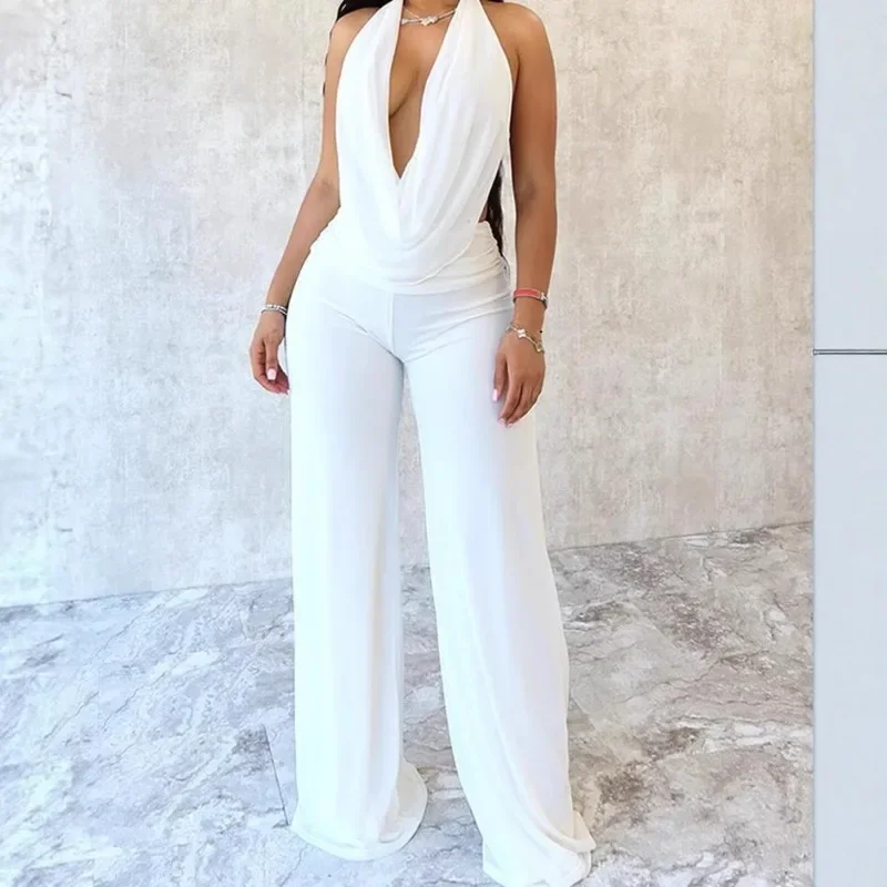 Ensemble 2 pièces pour femmes, couleur unie, décontracté, col oscillant, col licou, dos nu, débardeur + pantalon froncé, taille haute, jambes larges