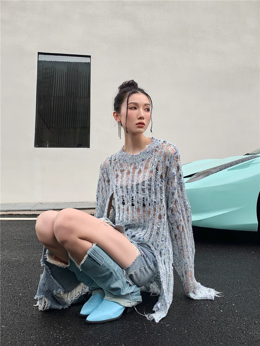 CHEERART Distressed Knit Sweater Women Light Blue Hollow Out Long Sleeve Knit Top See Through Crewneck Fall Sweater Streetwear