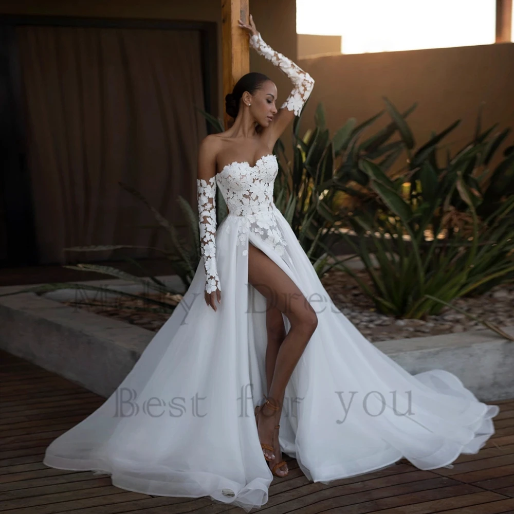 

Charming Strapless Wedding Dresses with Lace 2024 Summer New Full Sleeve Side Slit Bridal Gowns for Women Vestido De Novia 2025