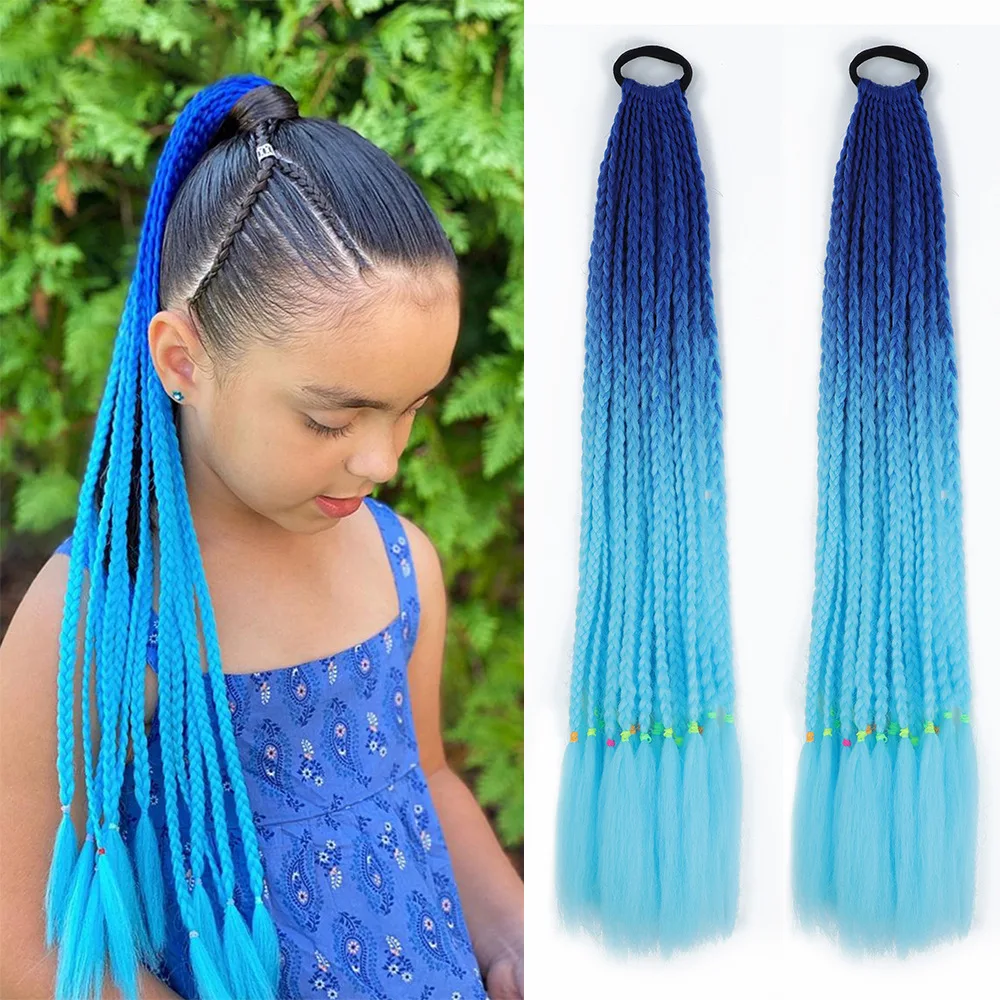 Synthetic 24inch Girls Colored Box Braided Ponytail With Elastic Rubber Band Hair Extensions Rainbow Color Box Pigtail Hairpiece