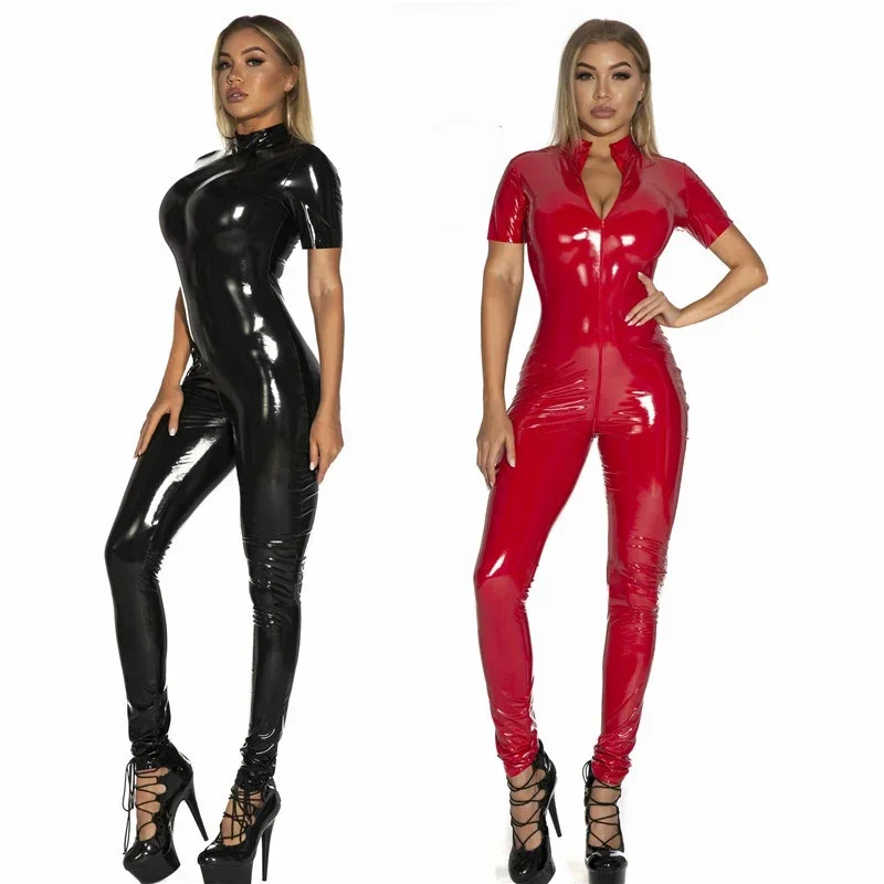 Pakaian kucing Latex PVC seksi wanita Jumpsuit kulit buatan PU lengan pendek pakaian klub Bodysuit selangkangan terbuka ritsleting kostum pesta S-5XL