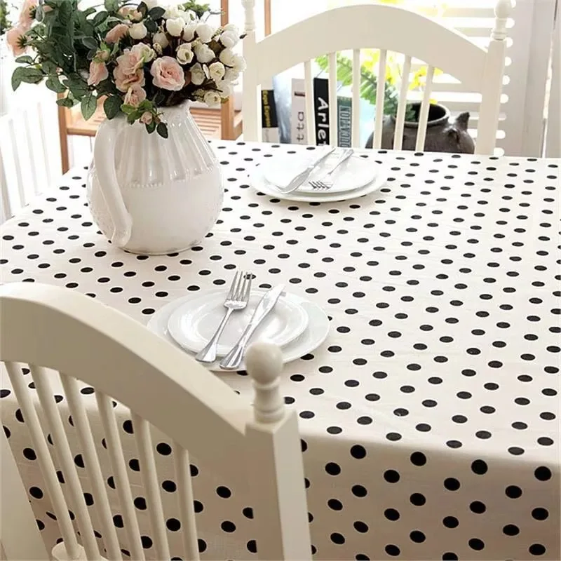 Polyester Cotton Table Cover, Simple Modern Black Polka Dot Decor for Dining Table
