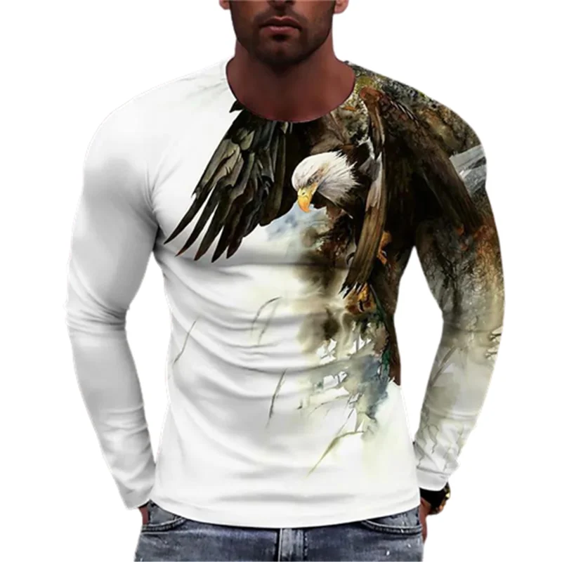 Men\'s Eagle Hand-painted Pattern Casual T-Shirts Long Sleeve Streetwear 3D Animal Printing Hip Hop Male Tops Tee Plus Size 6XL