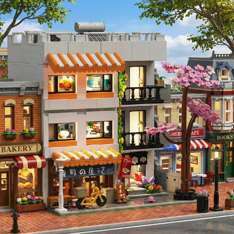 Modern Japanese Apartment Building Blocks Set Cherry Blossom Street View Sushi Shop Modular Model LED Toys Idea Home Decor Gifts
