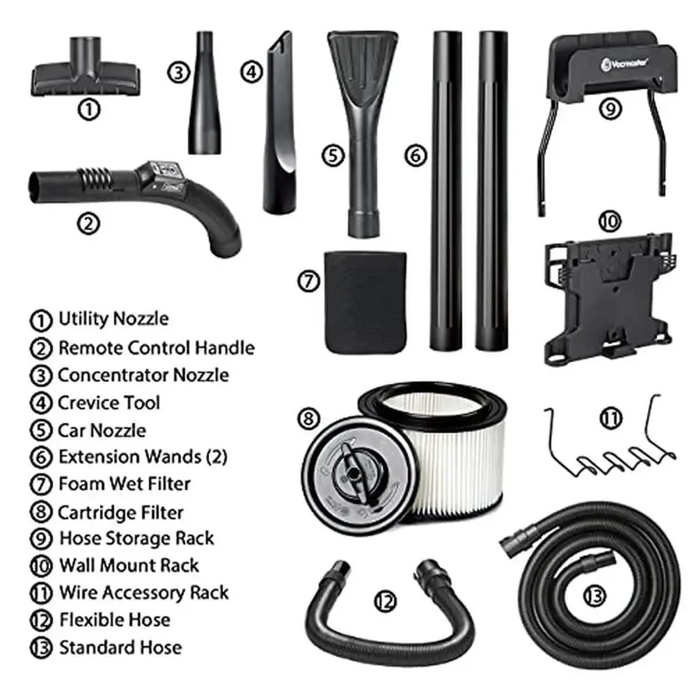 5-Gallon 5 Peak HP Wall Mount Wet/Dry Vacuum with Remote Control On/Off Switch 78 CFM Airflow 69