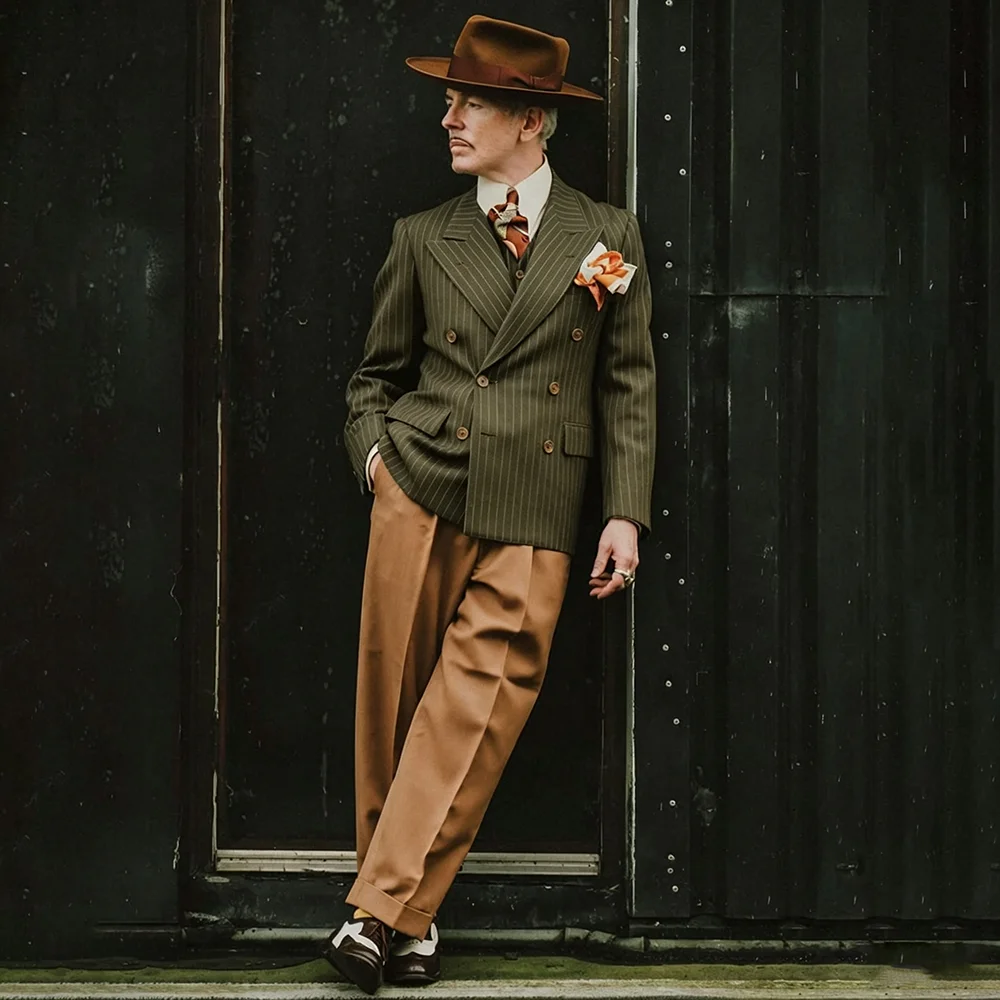 Dapper Men Double Breasted Suit Peak Lapel Blazer Camel Wide Leg Pants Set Retro Banquet Party Wear Formal Wedding Groom Outfit