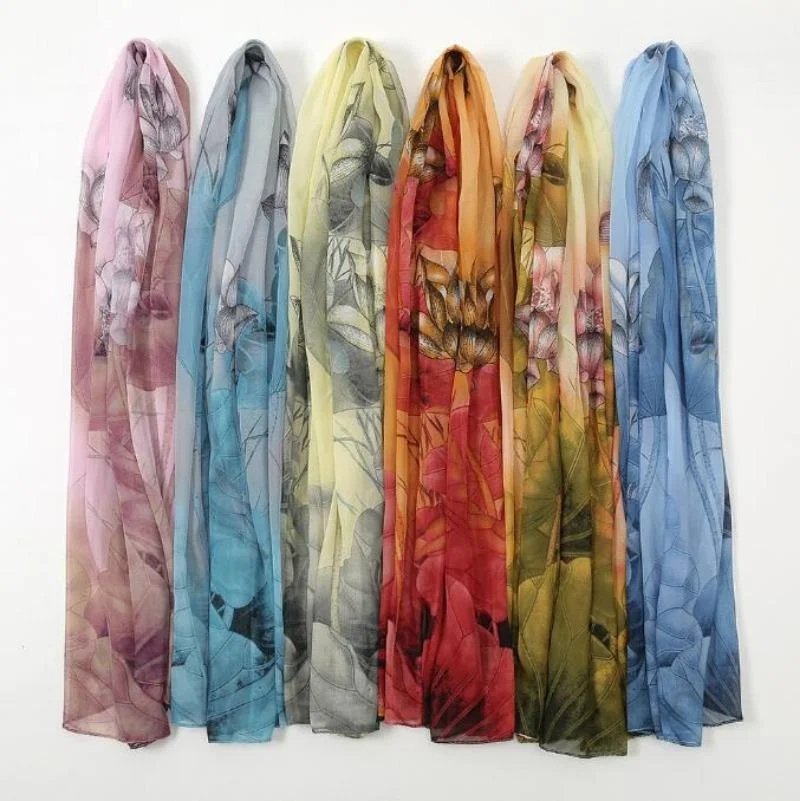 Four Seasons Chiffon Print Colorful Lotus Scarf Shawl Ultra-thin Sun Protection Travel Vacation Beach Scarf Accessories